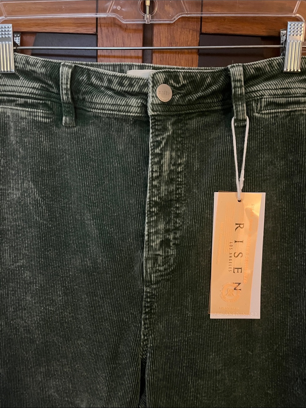 NWTRisen Washed Forest Green Pinwale Corduroy Wide Leg Pants w/Front Welt Pocket - Picture 6 of 10